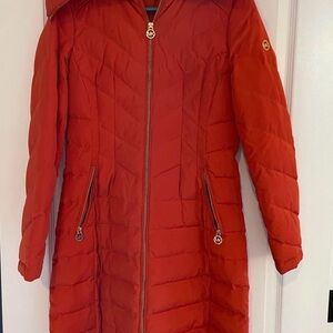 Michael Kors Orange Quilted Long Puffer Coat with Zip Details